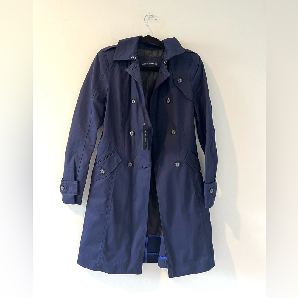NWT Zara navy blue trench coat jacket cotton double breasted belted small - Picture 6 of 11